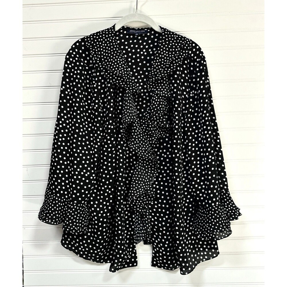 Jones New York Shirt Womens 2X Black White Polka Dot Ruffle Sheer Blouse LS